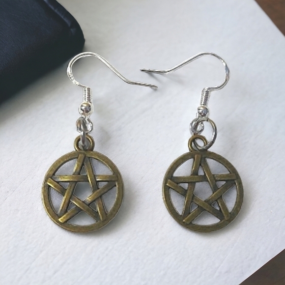 Handcrafted Bronze Tone Pentagram Earrings - Picture 1 of 3